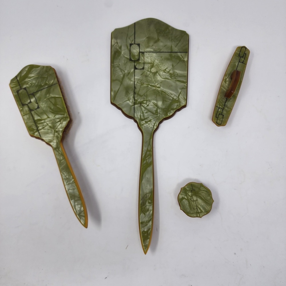 VTG Art Deco Marbleized Green Celluloid Vanity‎ Set Mirror Brush Nail Buffer Box